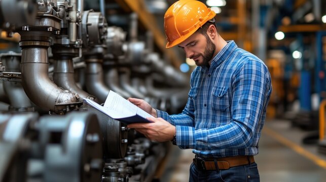 A worker wearing an orange hard hat examines machinery closely while holding a document in an industrial facility filled with various equipment and pipes during daylight hours