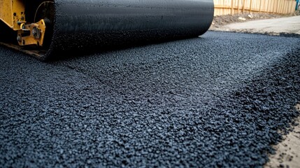 A high-powered road roller compacting freshly laid asphalt on a highway construction project.