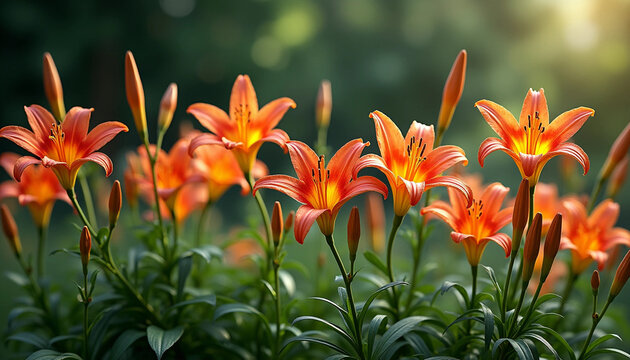 Vibrant Orange Daylilies in Full Bloom &ndash; Lush Garden Floral Scene