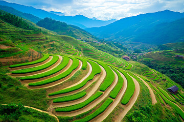 Vibrant terraced rice fields stretching across rolling green hills, with a breathtaking mountain backdrop. A stunning example of traditional agriculture blending harmoniously with nature in a rural la