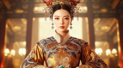 Elegant Woman In Ornate Traditional Attire Indoors.