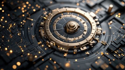 Futuristic, intricate, circular mechanism, glowing gold accents, circuit board background