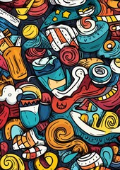 Fototapeta premium Colorful abstract doodle illustration with bold lines, swirling shapes, and playful geometric elements in a hand-drawn style. A dynamic and vibrant composition.