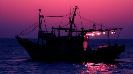 Obraz premium Dramatic silhouette of a fishing trawler at sunset, illuminated by its lights, on a calm sea.