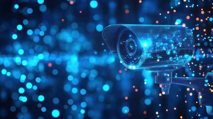 Futuristic surveillance camera in a digital bokeh background