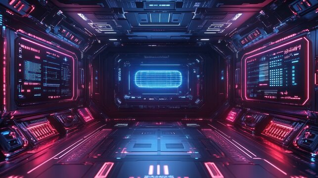 Futuristic spaceship interior, glowing panels, central energy core