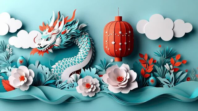 Vibrant paper art of dragon with red lanterns and floral accents. Happy Chinese New Year