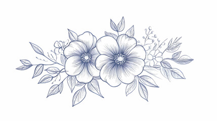 Elegant hand-drawn floral arrangement; blue ink, white background; wedding invitation design
