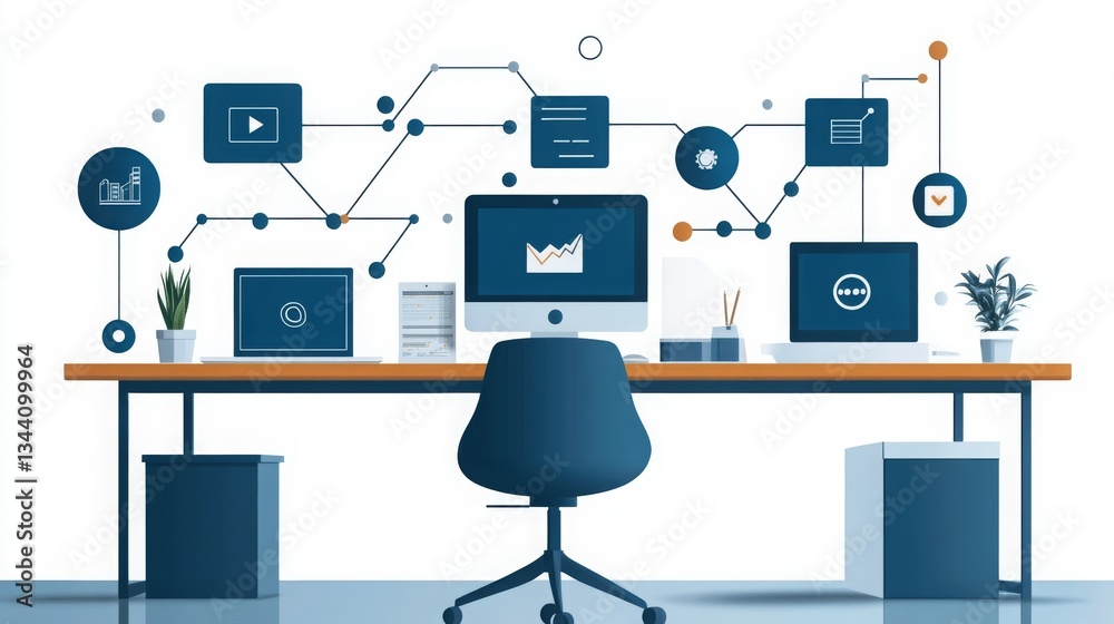 Poster remote work with multiple screens for data analytics and online collaboration tools