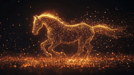 Golden light horse running, glowing particles, dark background