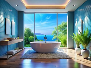 Luxurious Modern Bathroom with Hydromassage Tub, Blue Water, Headrest