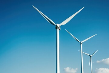 Three Modern Wind Turbines Against a Clear Blue Sky