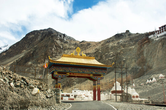 Gate door for tibetan and people travelers entrance visit to Diskit Monastery Galdan Tashi Chuling Gompa in Hunder or Hundar village of nubra tehsil valley at Leh Ladakh in Jammu and Kashmir, India