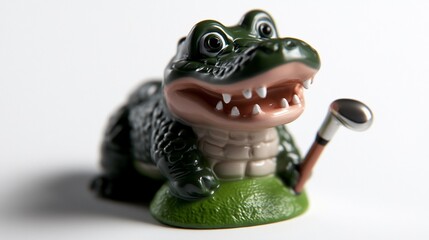 Playful alligator golfer miniature figurine poised for a swing on bright backdrop