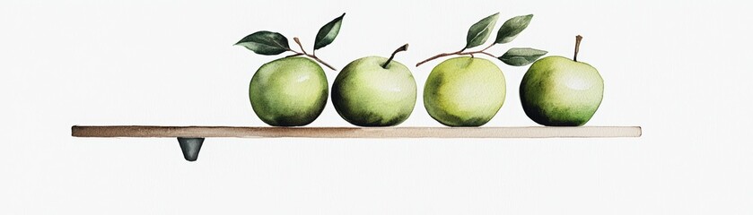 Fresh green apples arranged on a wooden shelf, showcasing their vibrant color and natural leaves for a healthy kitchen aesthetic.