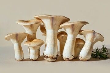 Minimalist Still Life of King Oyster Mushrooms on Beige Background Top View Fresh Edible Fungus Healthy Vegetarian Food Composition