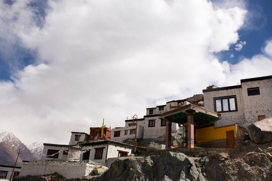 Diskit Monastery Galdan Tashi Chuling Gompa in Hunder or Hundar village of nubra tehsil valley while winter season for tibetan and people travelers visit at Leh Ladakh in Jammu and Kashmir, India