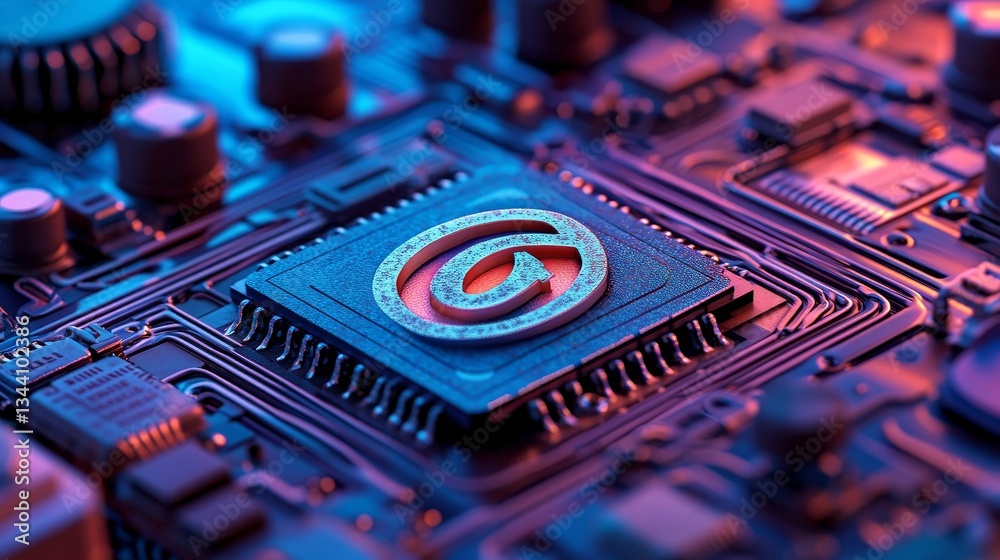 Poster a futuristic motherboard is depicted with a microchip featuring the @ symbol, symbolizing email tech