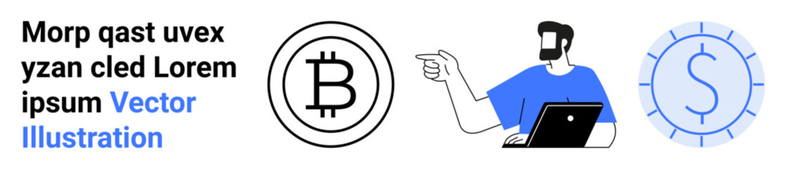 Man with laptop presenting Bitcoin and dollar ideas, financial symbols. Ideal for cryptocurrency, fintech, blockchain, investment, banking, strategy digital economy. Perfect flat landing page banner