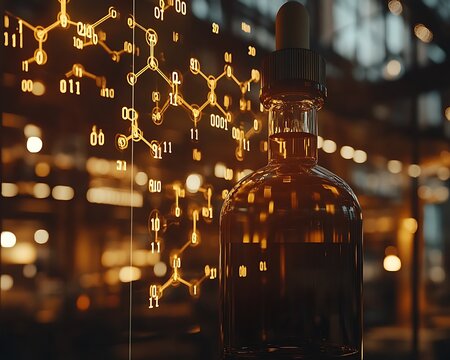 A scientific laboratory bottle with a dropper and molecular structure - Powered by Adobe