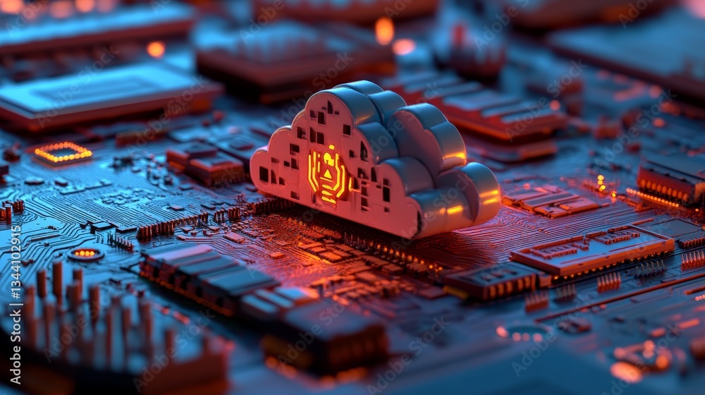 Poster a futuristic motherboard is depicted with a microchip, featuring a cloud download symbol, surrounded