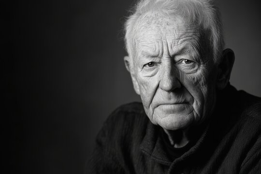Black and white portrait of elderly man with studio lighting and space for text on right