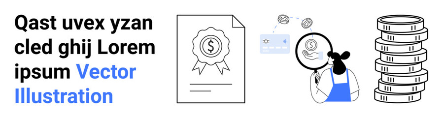 Document with certification badge, person analyzing with magnifying glass, coins stack, credit card, and abstract heads. Ideal for finances, banking, accounting, budget planning investment