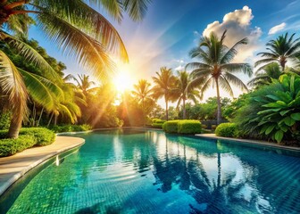 Fototapeta premium Luxurious Tropical Resort Swimming Pool with Palm Trees and Clear Blue Water