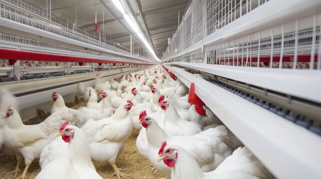 Large-scale poultry farm with automated feeding and processing equipment