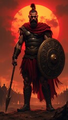 Fototapeta premium Ares, Greek god of war, stands tall, holding spear and shield. His muscular physique and fierce expression radiate dominance. Surrounded by fiery red sunset. Strength and conflict. Mythology, history