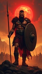 Ares, Greek god of war, stands tall, holding spear and shield. His muscular physique and fierce expression radiate dominance. Surrounded by fiery red sunset. Strength and conflict. Mythology, history