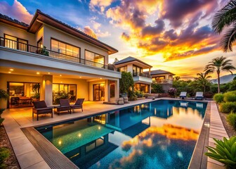 Luxurious Villa Sunset Poolside: Stunning Candid Photography of a Lavish Estate