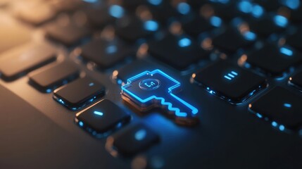 Close-up of a glowing blue key symbol on a dark keyboard, highlighting digital security and technology themes