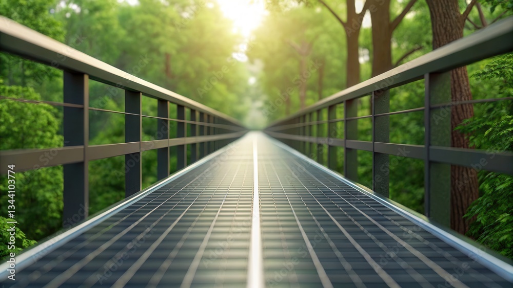 Poster a serene pathway meanders through a lush green forest, framed by trees, with sunlight streaming in, 
