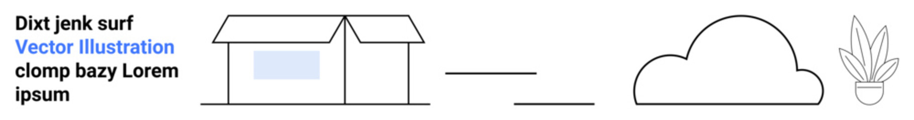 Simple house structure with window, a large cloud, and a potted plant symbolizing tranquility, nature, and home life. Ideal for architecture, gardening, environment, sustainability simplicity real
