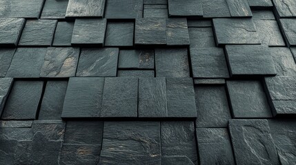 A concrete wall is formed by arranging square tiles, set against a futuristic semigloss background composed of 3D blocks, as depicted in a 3D render