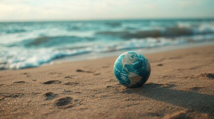 Obraz premium A globe resting on a sandy beach with ocean waves in the background under a serene sky, symbolizing travel