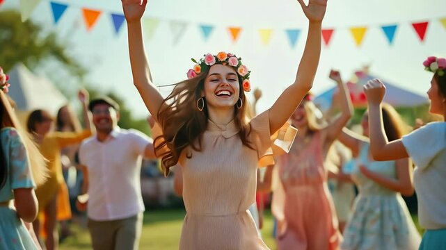 Joyful celebration of nature and friendship at a vibrant spring festival in a picturesque outdoor setting