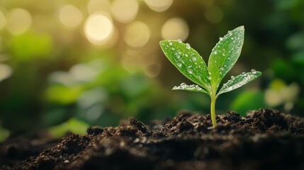 Fresh Green Sprout in Rich Soil with Water Droplets