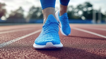 Close-up of a runner's feet in blue athletic shoes sprinting on a track with a blurred background of trees