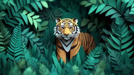 ripped paper pieces illustrating a lone tiger in a dwindling jungle, golden and green hues for a balanced message of urgency and hope, copy space on the left