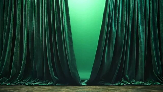 Green velvet theater curtains opening to green mockup background.