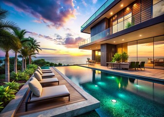 Fototapeta premium Luxury Modern Seaside Villa Infinity Pool Macro Photography