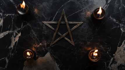 Dark altar with satanic obsidian pentagram and occult candles