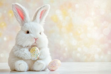 Obraz premium Cute White Bunny with Colorful Easter Eggs in a Bright and Cheerful Spring Setting