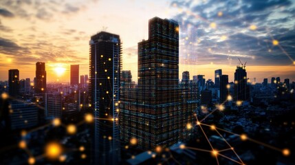 A breathtaking sunset illuminating a vibrant city skyline at dusk with interconnected glowing nodes symbolizing a digitally connected modern metropolis