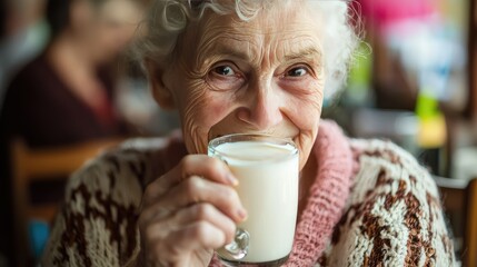An old woman sipping milk with a gentle smile