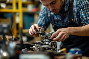 Skilled Technician Performing Precision Repair on Mechanical Engine Component in Workshop