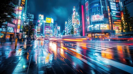 Night Tokyo City Street Rain Blurred Lights