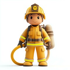 3D Cartoon Firefighter Icon - Firefighter with Hose and Helmet - White Background Firefighter Illustration